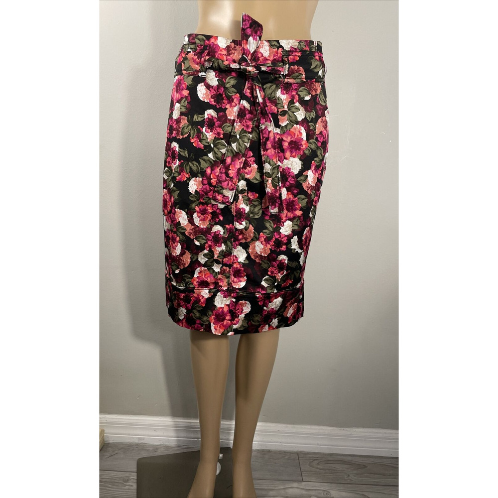 Banana Republic Pencil Skirt Tie Waist Pockets Black Pink Flowers Women’s Size 2